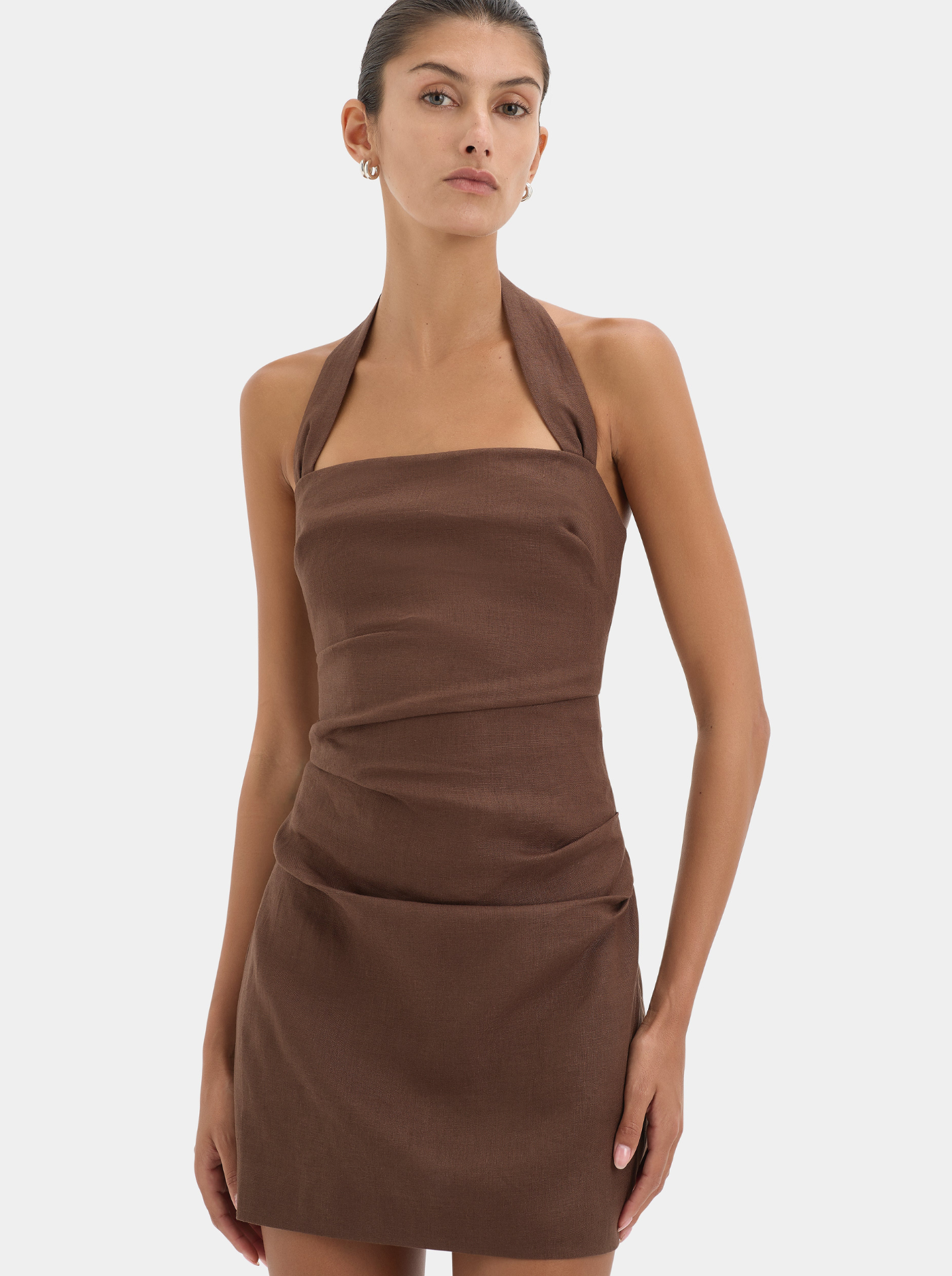 Vestido Mini Anudado de Lino Mujer Cuello Halter