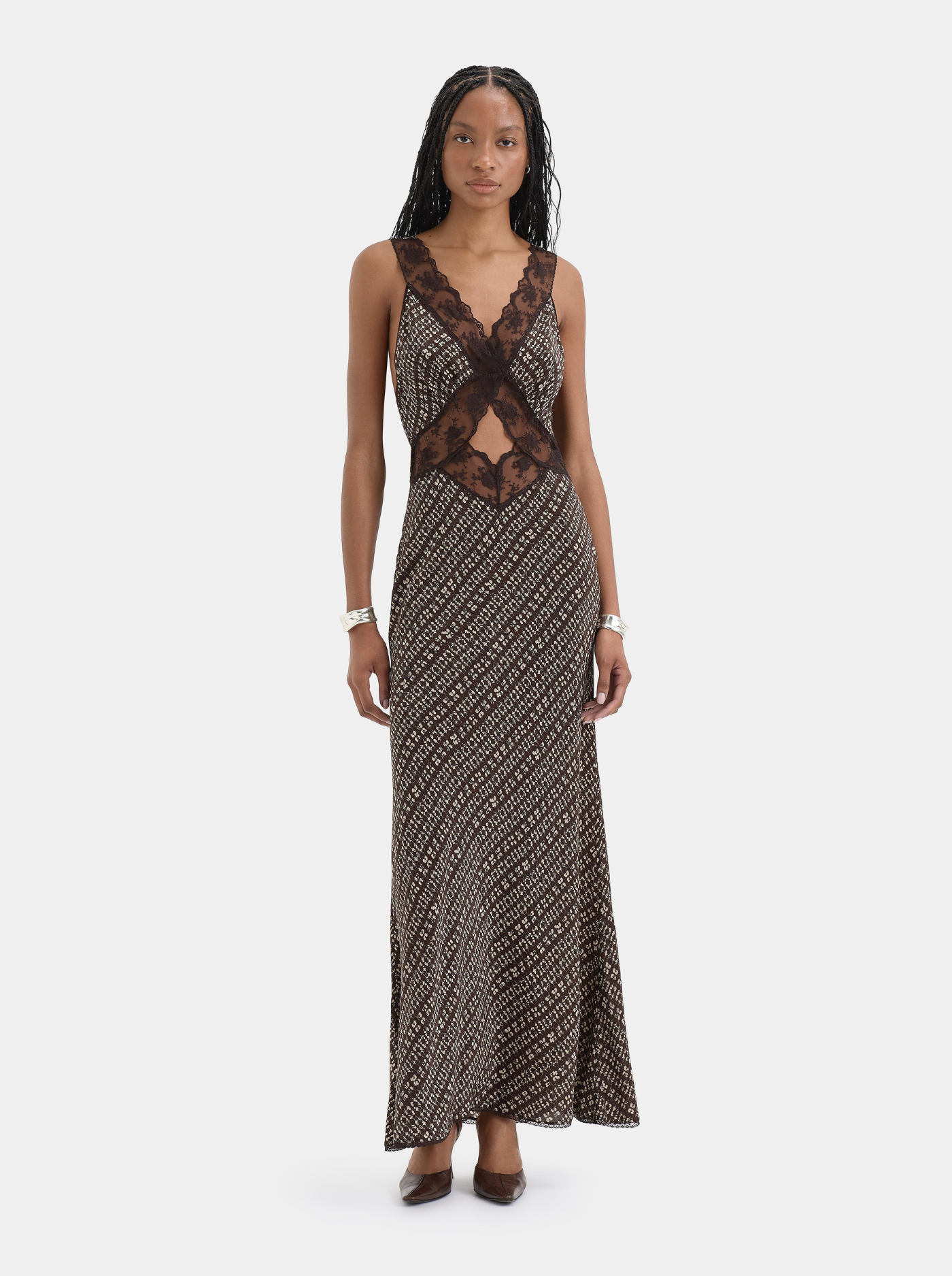 Vestido Largo con Aberturas Mujer Encaje Chocolate