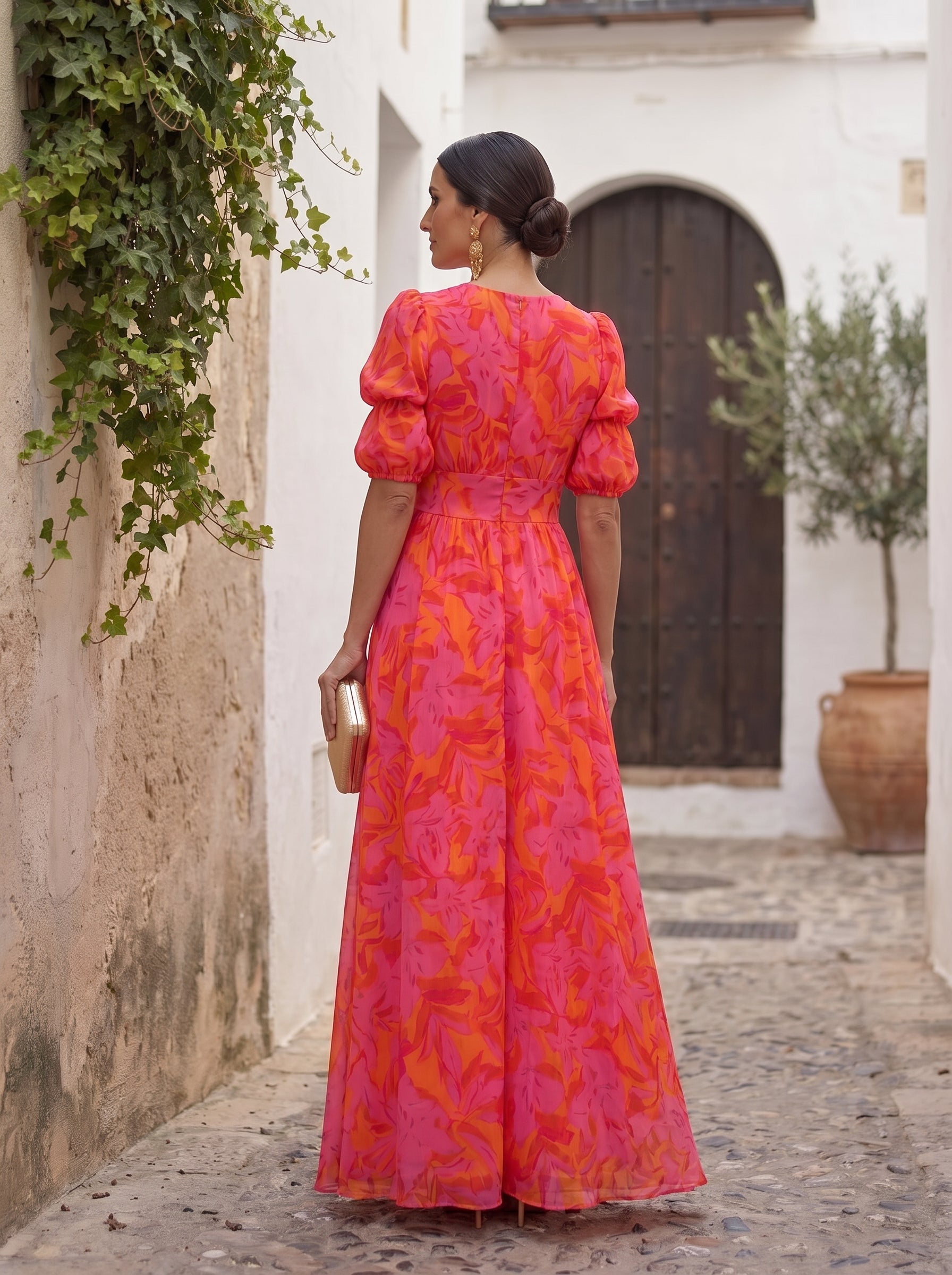 Aurora | Vestido largo fluido rojo con estampado exclusivo